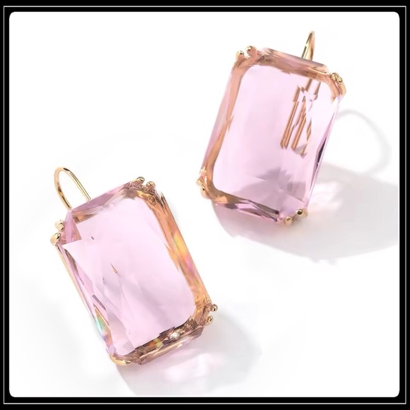 14K GOLD MEGA EMERALD CUT SIMULATED CLEAR PINK TOPAZ CUSHION EARRINGS - Picture 5 of 5